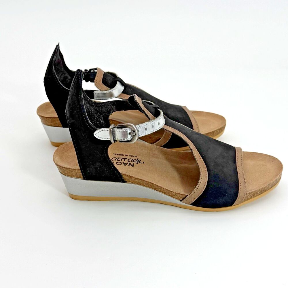 Naot Fiona Wedge Sandals 38 Black Suede Leather Comfort Shoes Womens 7 Brand New